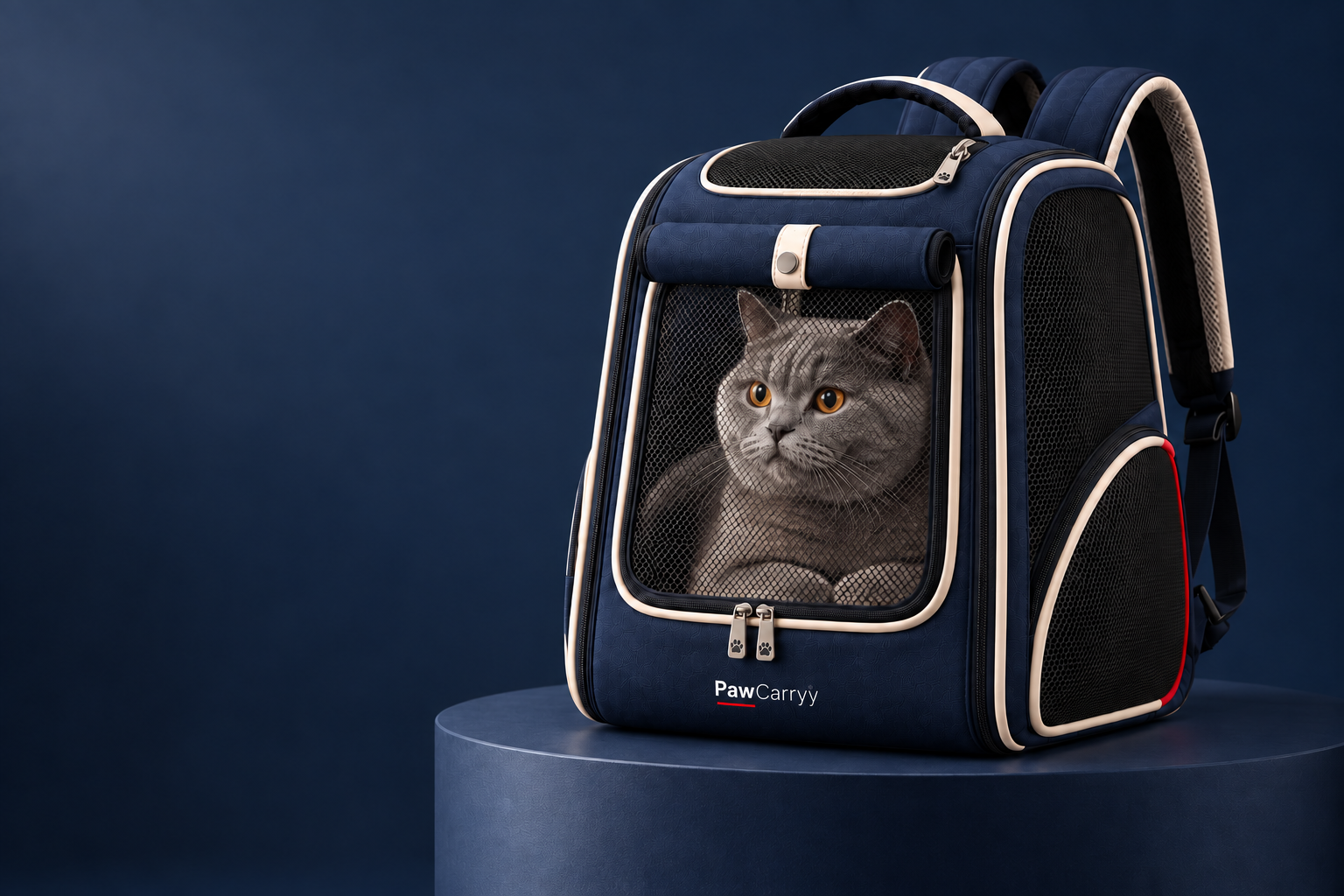 PawCarryy lacivert taşıma çantasında sakin bir kedi